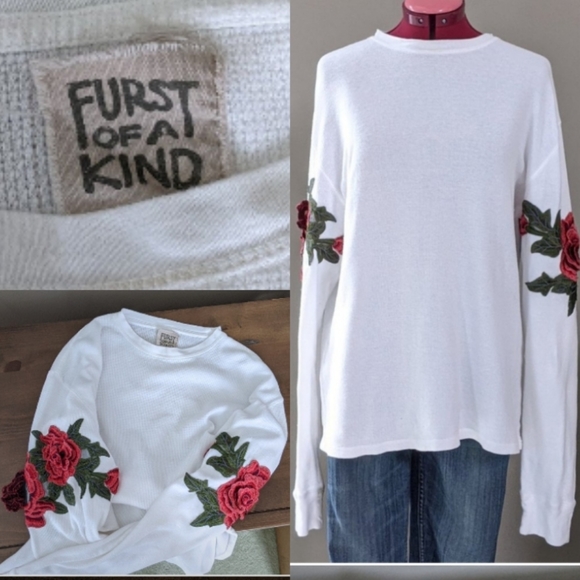 🌹Vintage🥀Furst of a Kind | White Thermal Long Sleeve Embroidered Rose Ap - Picture 1 of 13